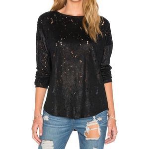 GENERATION LOVE Black Metallic Jocelyn Foil Linen Long Sleeve Tee w/Holes S